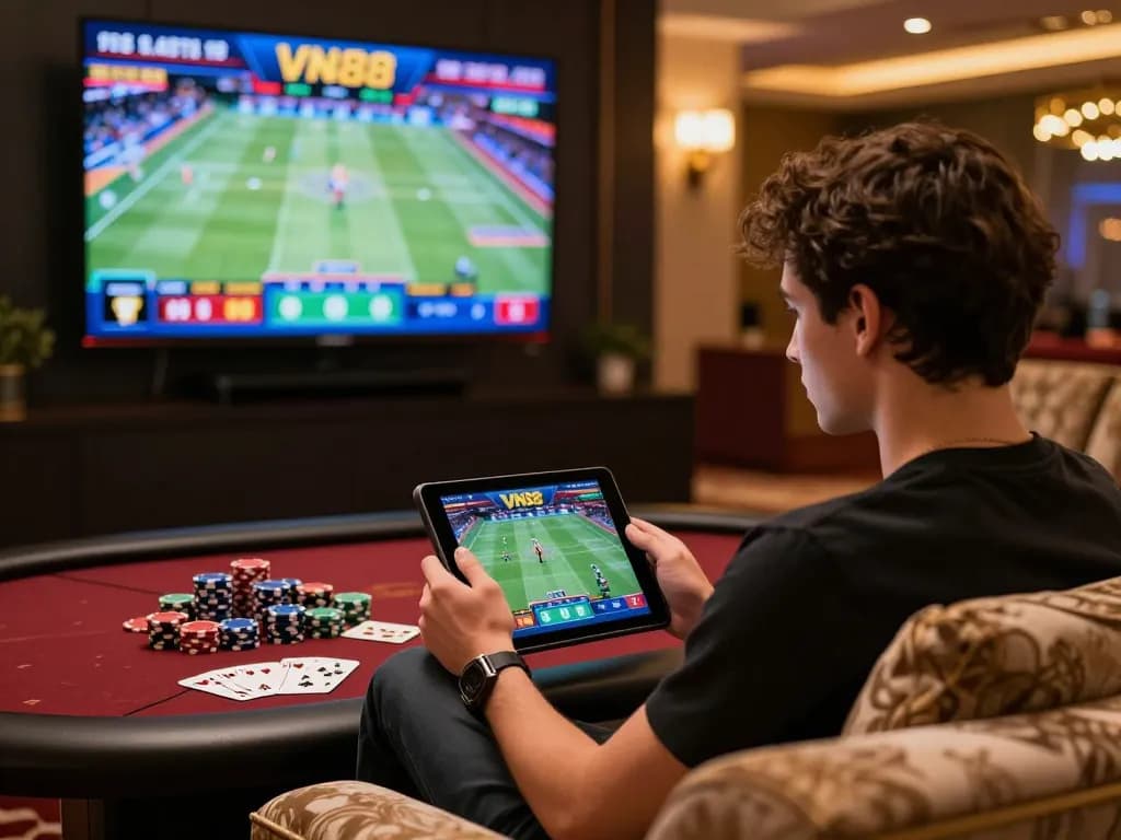 Engaging scene of VN88 online betting, showcasing a user placing bets on a tablet with sports highlights displayed.
