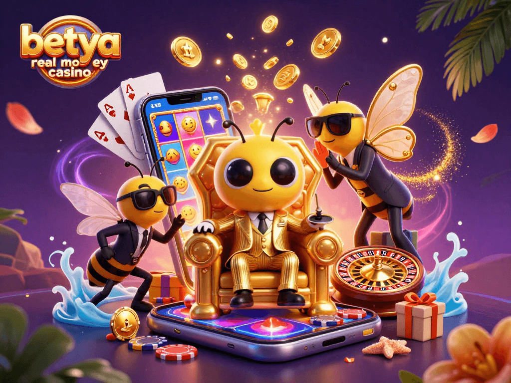 Experience excitement at betya real money casino with a vibrant 3D digital scene featuring iconic casino elements.