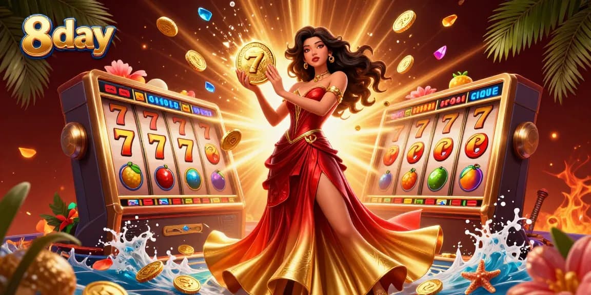 Experience the thrill of winning at 8 day casino with dynamic slot elements and golden coins raining down.