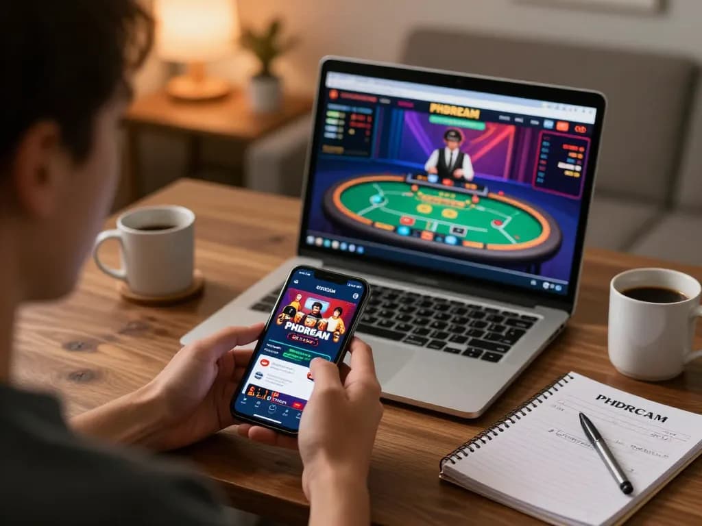 Engaging in mobile gambling using phdream gcash on a smartphone with live games visible on a laptop, creating a cozy atmosphere.