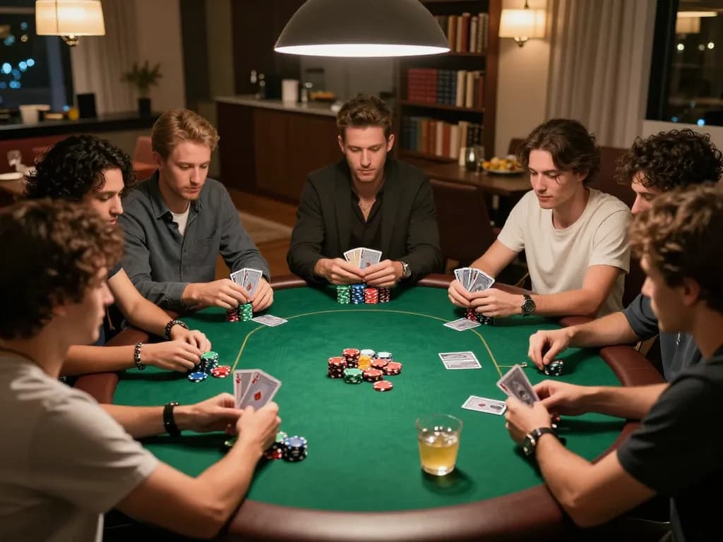 VA88 poker night with friends enjoying Texas Hold'em game around round table, vibrant social atmosphere.