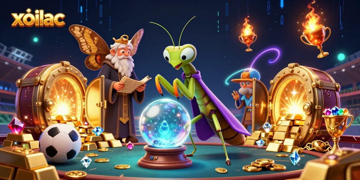 Xoilac engages viewers with dynamic football-themed sports betting elements in an energetic 3D illustration.
