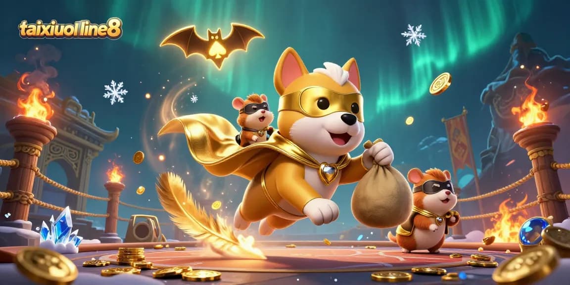 Join the action at taixiuonline8 with hero dog and hamster as they battle for gold in a vibrant casino scene.