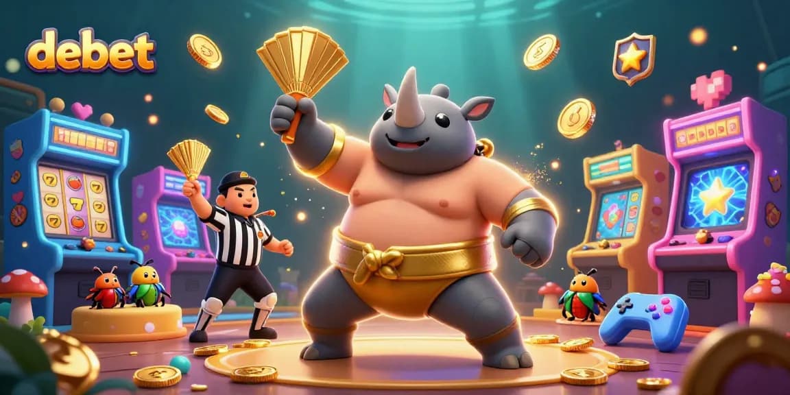 Witness debet's exciting sumo match with a rhinoceros beetle amidst slot reels and golden coins.