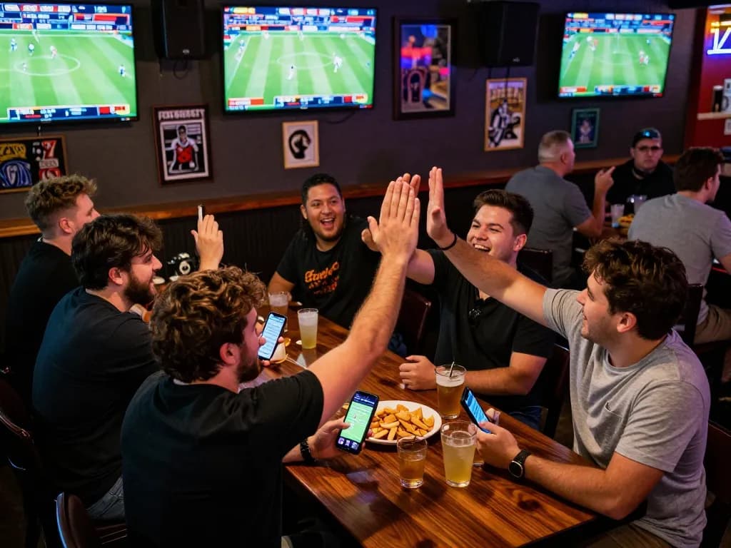 Engaged bettors using mobile apps for Net88 bets in a vibrant sports bar setting