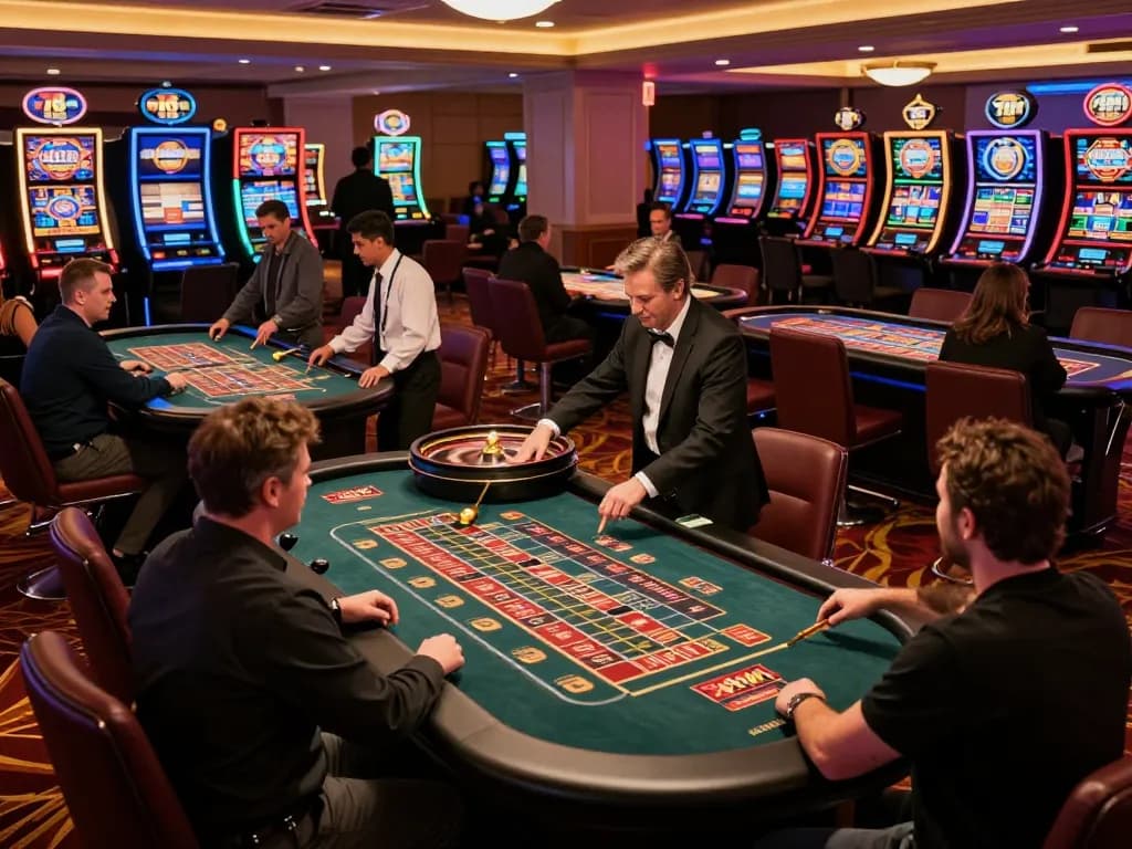 Players enjoying roulette at the vibrant 789WIN casino with dynamic action and warm atmosphere