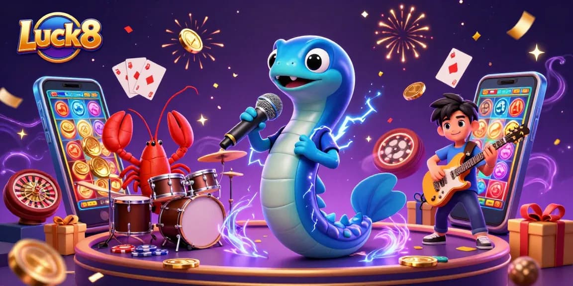 Experience the vivid underwater casino vibes with Luck8 featuring an electric eel DJ and dynamic gaming elements.