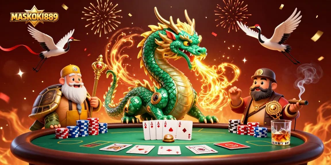 Engage in thrilling action with MASKOKI889 at a vibrant poker scene featuring a jade dragon and turtle sage.