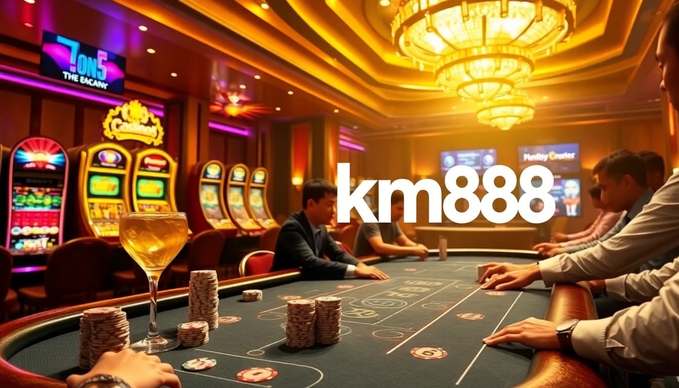 Players enjoying a high-stakes poker game at the km88 casino with vibrant slot machines and roulette wheels.