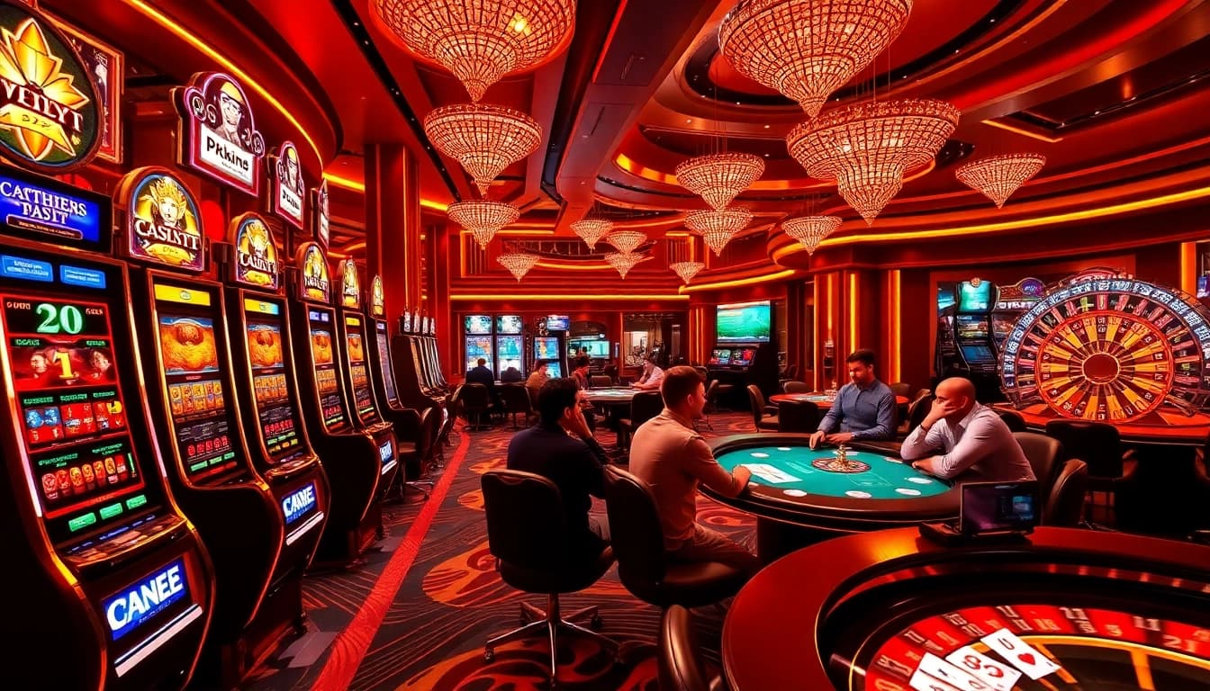 Exciting gaming atmosphere of 789club with vibrant slots and poker tables.