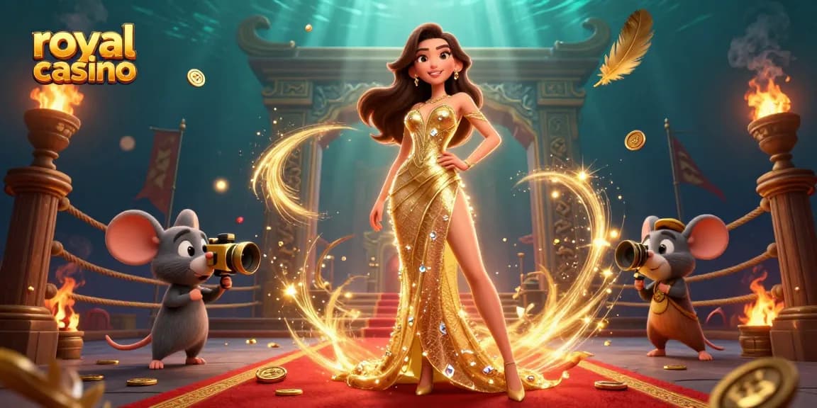 Experience the excitement of royal casino gaming with a glamorous lady on a red carpet, capturing golden moments.