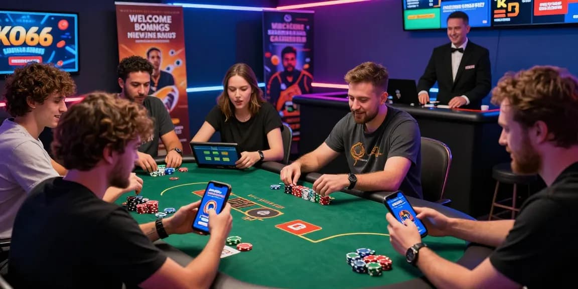 Excited players enjoying KO66 Casino app in a vibrant gaming room.