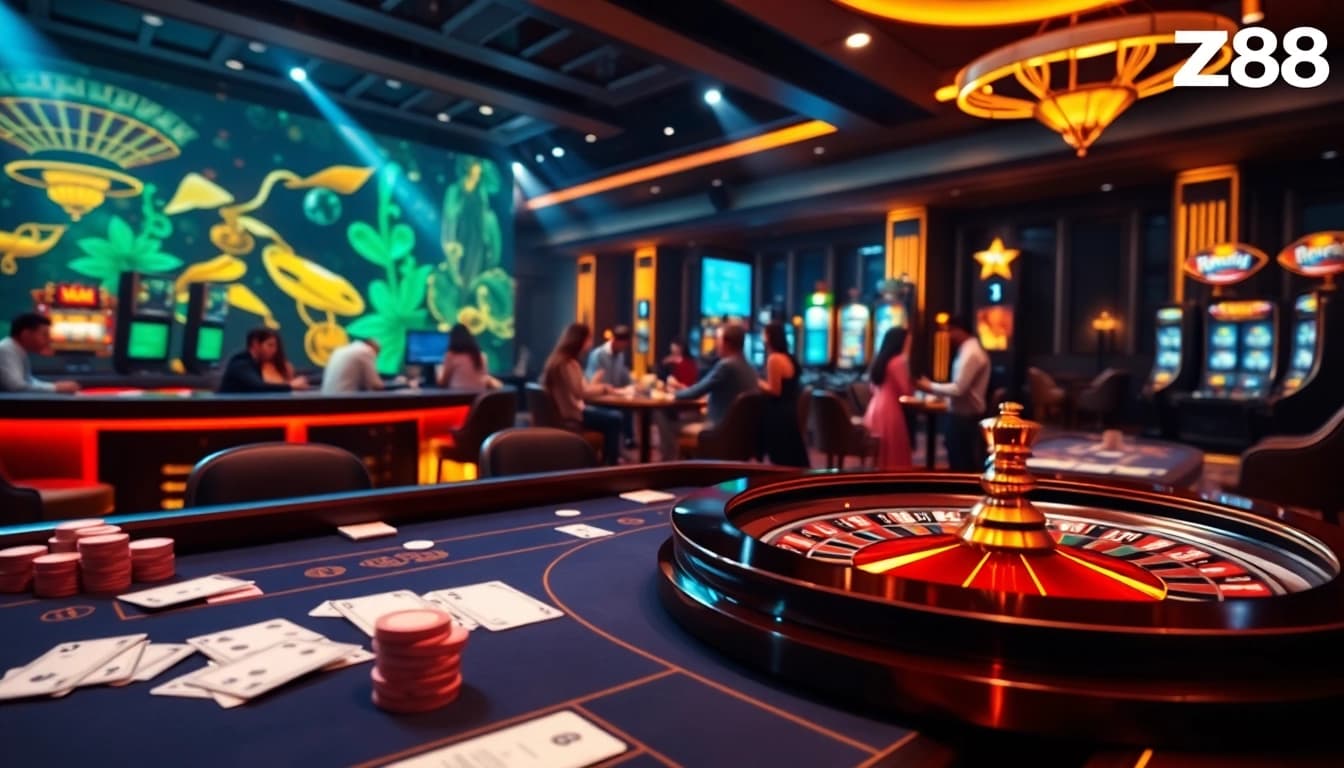 Experience the excitement of online gambling at nhà cái hz88 with vibrant casino visuals showcasing games and betting.