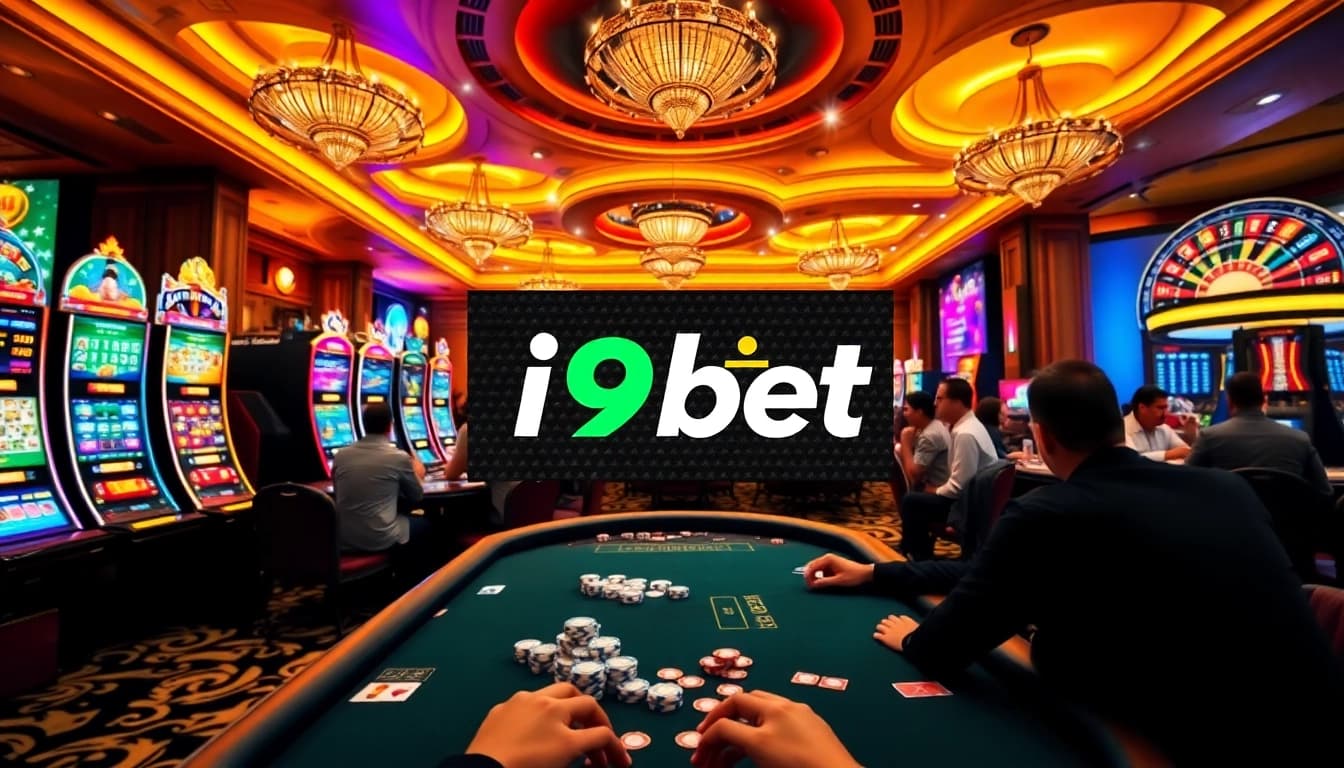 Players enjoy thrilling games at i9bet casino, featuring vibrant slot machines and poker tables.
