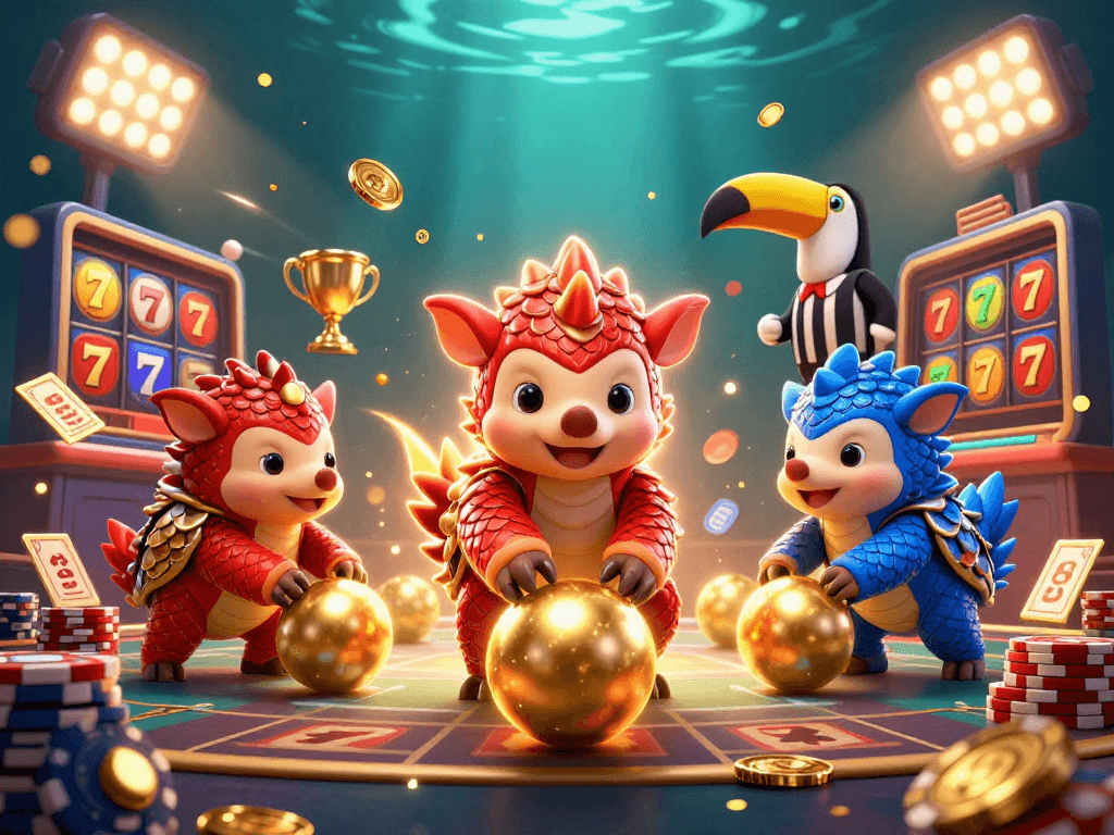 MPO08 highlights vibrant gambling action featuring rival pangolins competing with golden slot reels and shimmering coins.