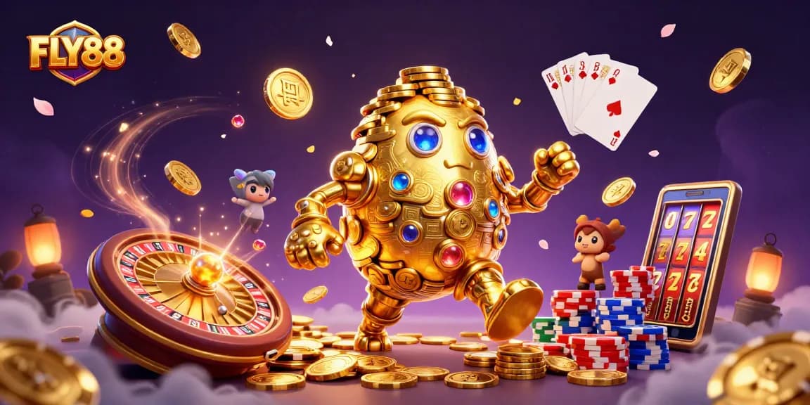 Play with FLY88's dazzling casino elements including golden golems, spinning roulette, and vibrant poker chips.