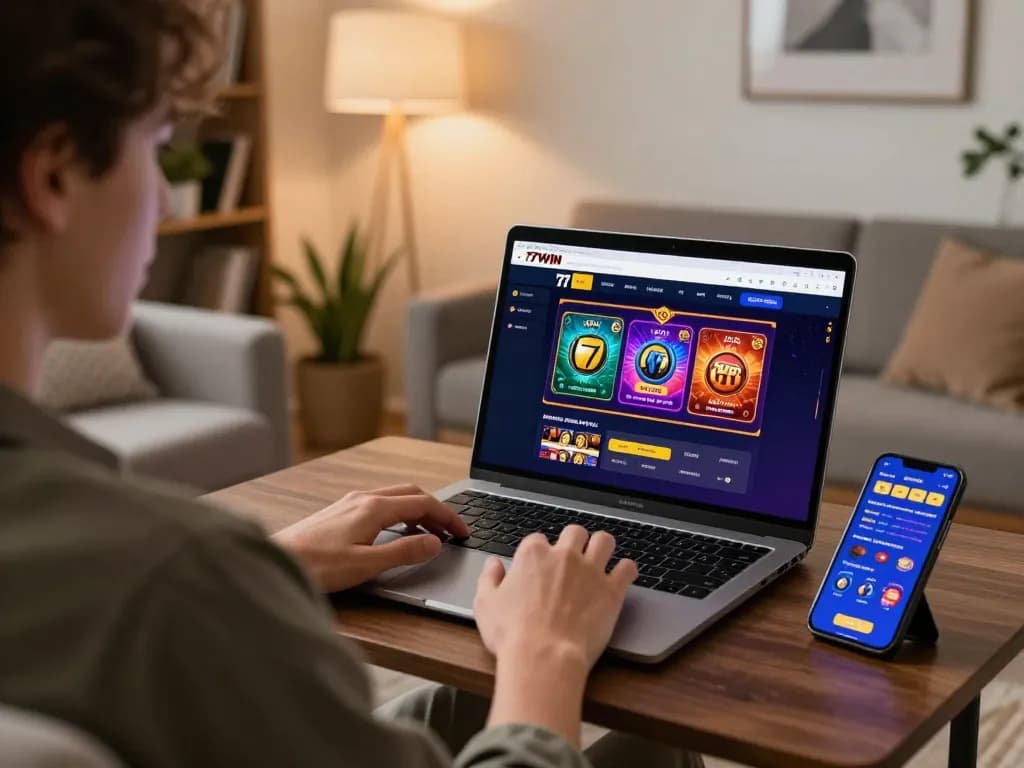 Experience exciting games on 77WIN while enjoying a cozy home setup for responsible online gambling.