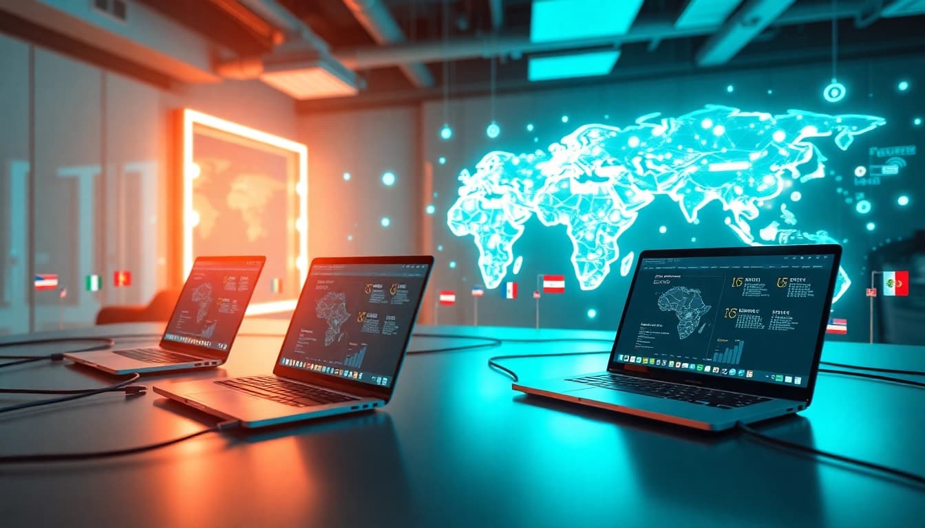 快连下载 interface displayed on modern laptops in a tech workspace, showcasing global connectivity.