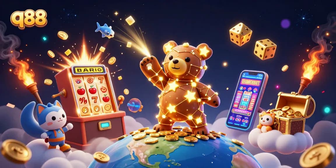 Experience the thrilling q88 slots adventure with a cosmic bear scooping coins amidst shining jackpots.