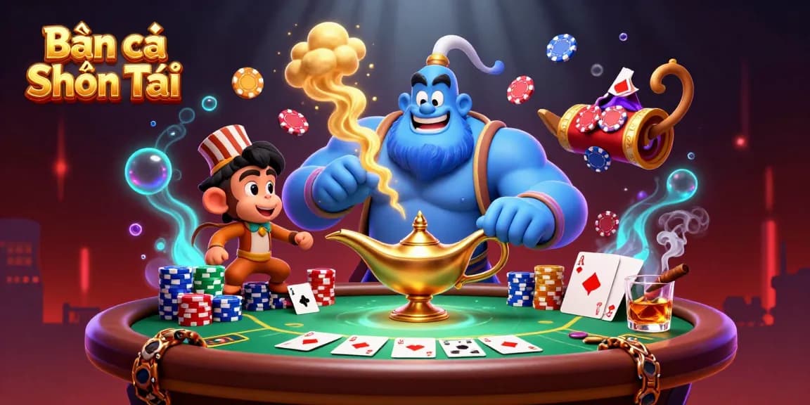 Bắn cá Thần Tài illustration showcases a genie, monkey, and poker chips in a dynamic casino scene.
