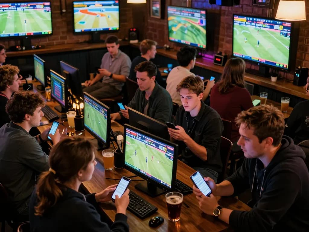 Cheering crowd engaging in sports betting activities while monitoring Kèo nhà cái updates on smartphones, vibrant bar atmosphere