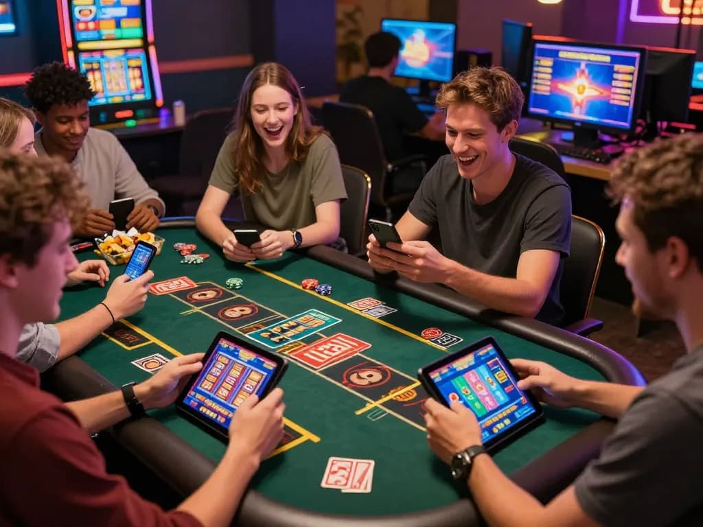 Engaging scene of diverse players enjoying various casino games on 789club platform in a vibrant gaming lounge