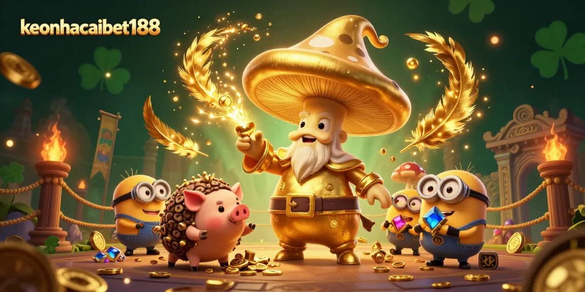 Bet big with keonhacaibet188 as the magical wizard turns everything to gold in this vibrant casino scene.