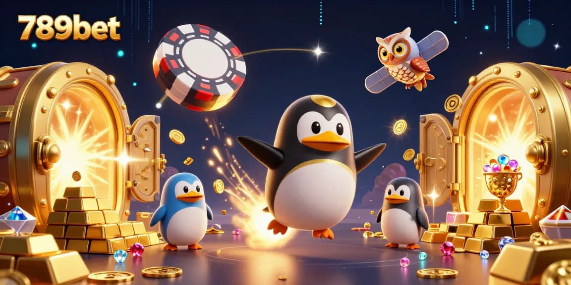 Observe the excitement of gambling at 789bet with a thrilling penguin character soaring towards a vibrant casino.