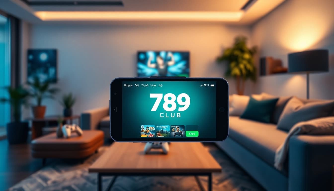Hướng Dẫn Cách Tải App 789Club Chi Tiết Và Dễ Hiểu with smartphone displaying the app in a cozy gaming environment