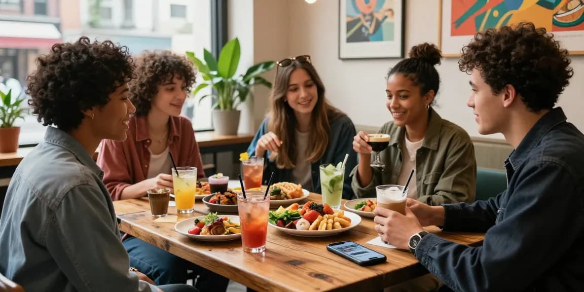 Group of friends enjoying vibrant urban café with rokok88 branding, capturing trendy lifestyle moments and social connections.