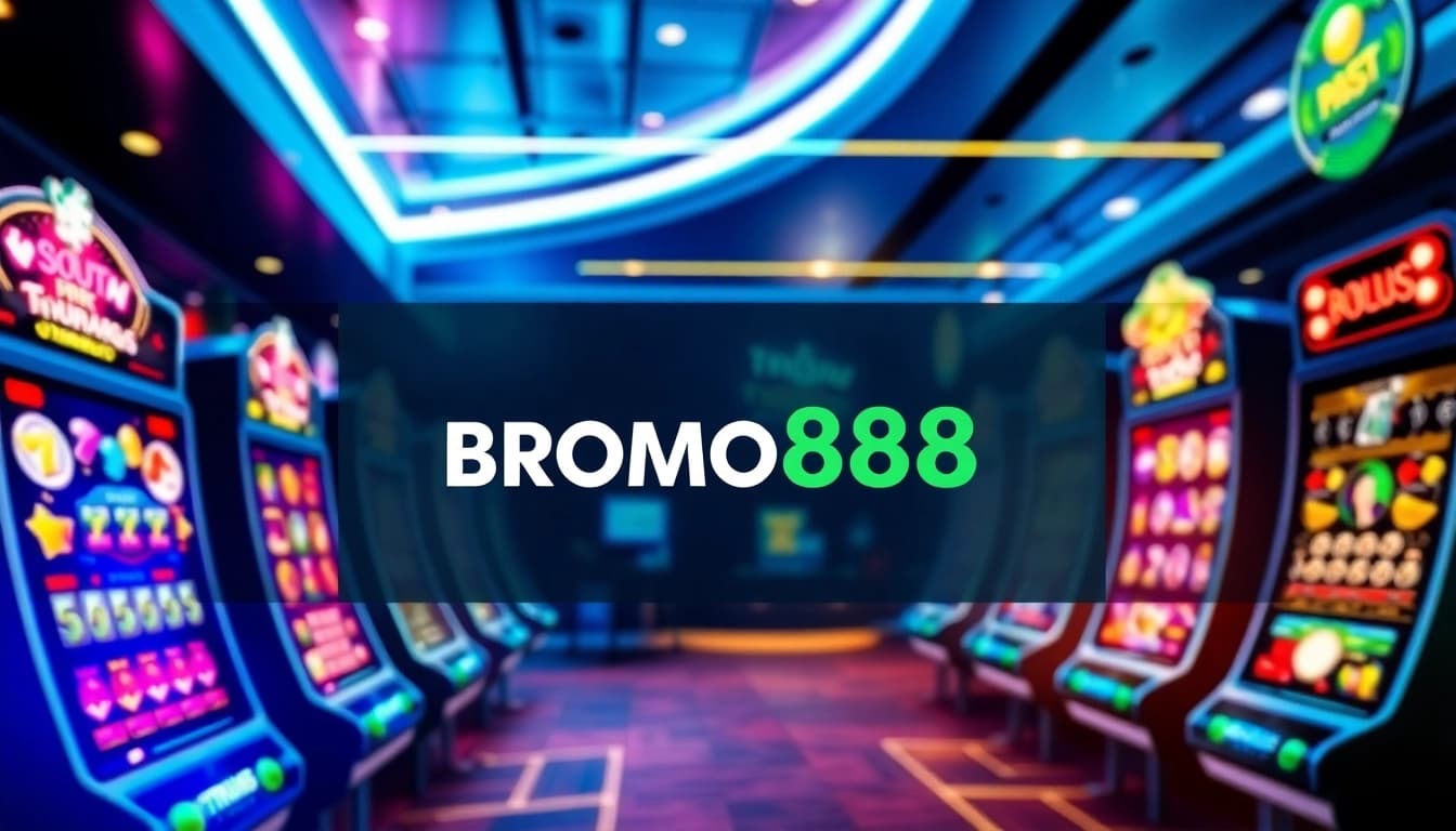 Engaging digital gambling scene with BROMO888 logo, inviting gamers to explore colorful slot games.
