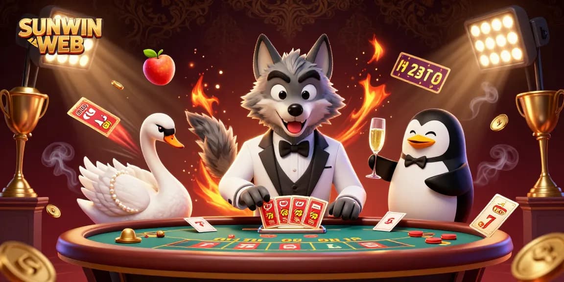 Engage with the thrilling SUNWIN WEB casino world featuring a baccarat table and dynamic slot elements.