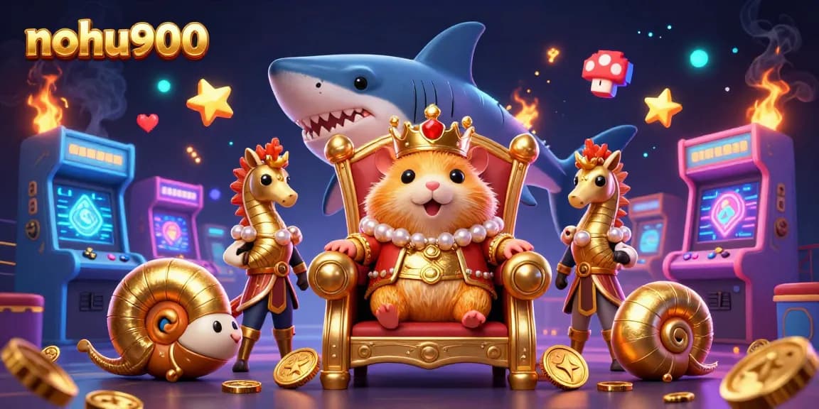 Nohu900 captures a vibrant scene of a golden hamster king throne with royal seahorse guards amid casino arcade excitement.