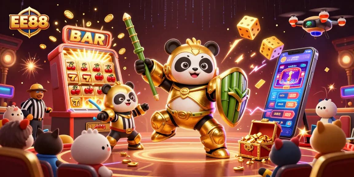 EE88's animated slot machine jackpot scene with panda mech and golden coins flying around.