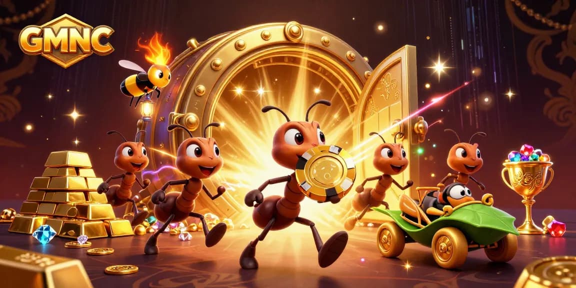 Engaging GMNC heist scene with ants and golden poker chip in a vibrant casino world.