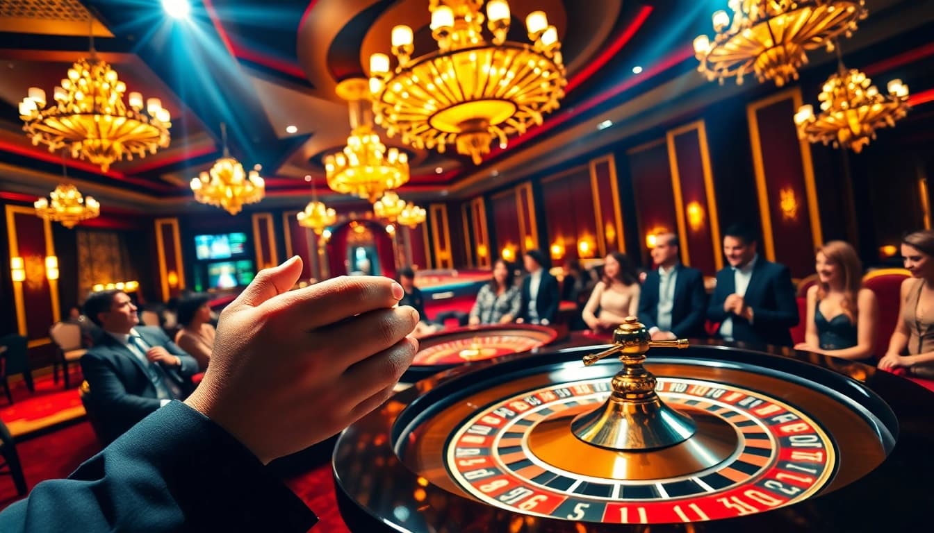 Experience the thrill at 壹發娛樂 with a glamorous roulette table and eager players in action.