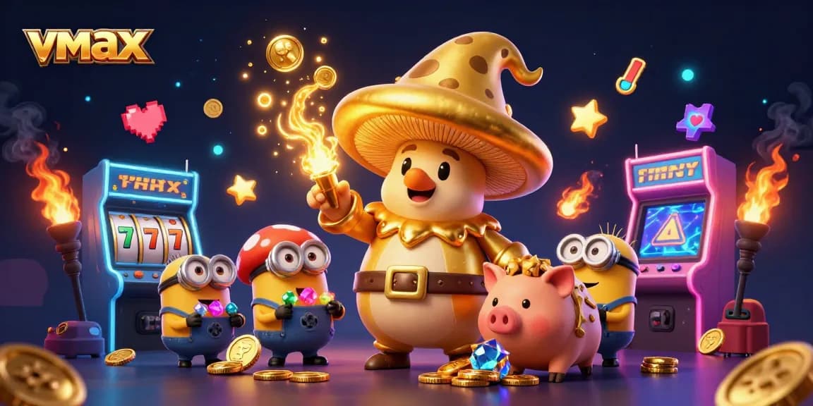 Experience exhilarating wins at vmax with a golden wizard and treasures in a vibrant casino-themed illustration.