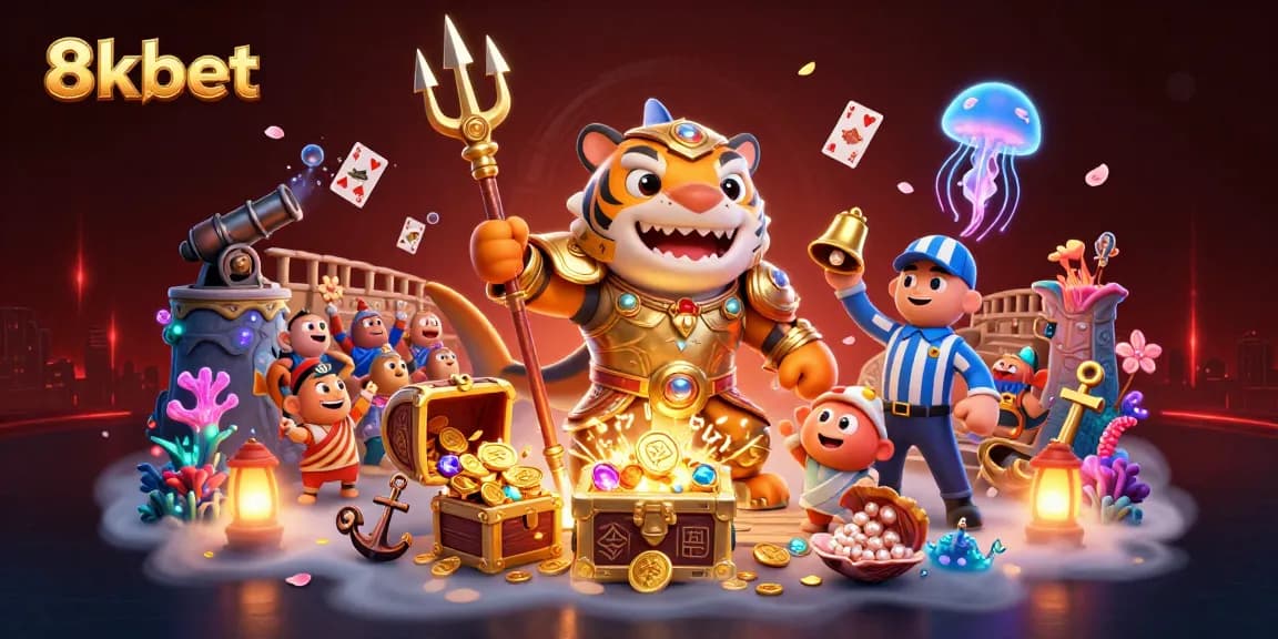 Experience the excitement of 8xbet with a tiger shark gladiator in a magical underwater casino scene.