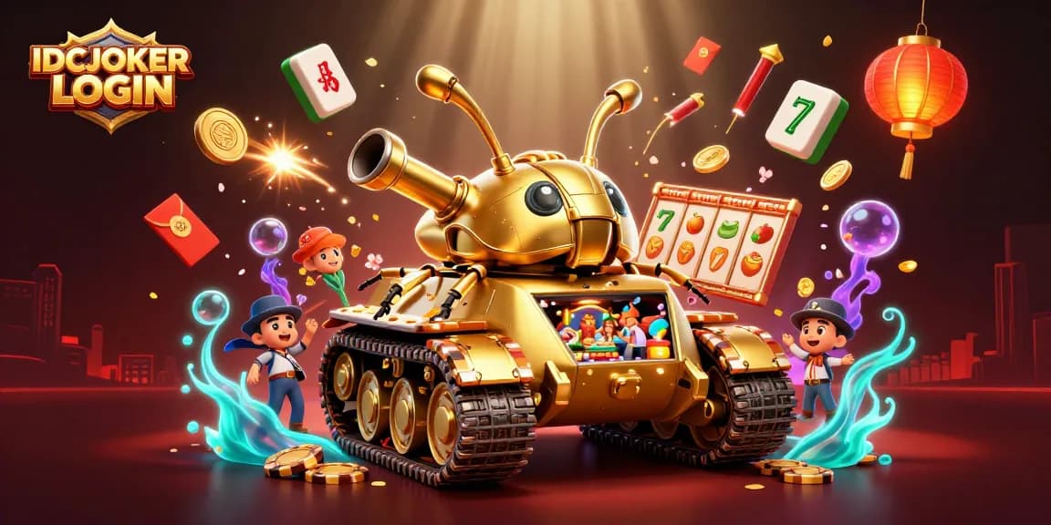 Experience thrilling gameplay with IDCJOKER LOGIN as you dive into a vibrant casino scene with rotating slot reels and golden confetti.