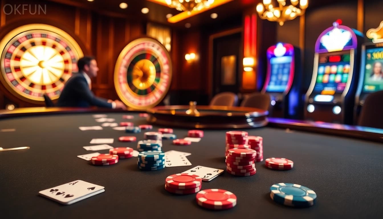 Engaging gamblers at OKFUN casino table with poker chips and cards.