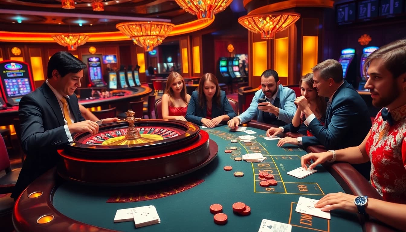 LUCK8 casino players enjoying a thrilling game at a poker table with vibrant atmosphere.