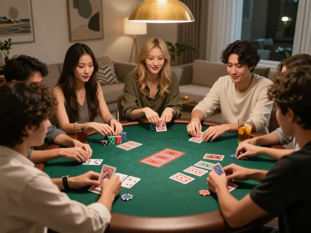 Nyonya9 poker night with friends actively strategizing and enjoying a casual game.