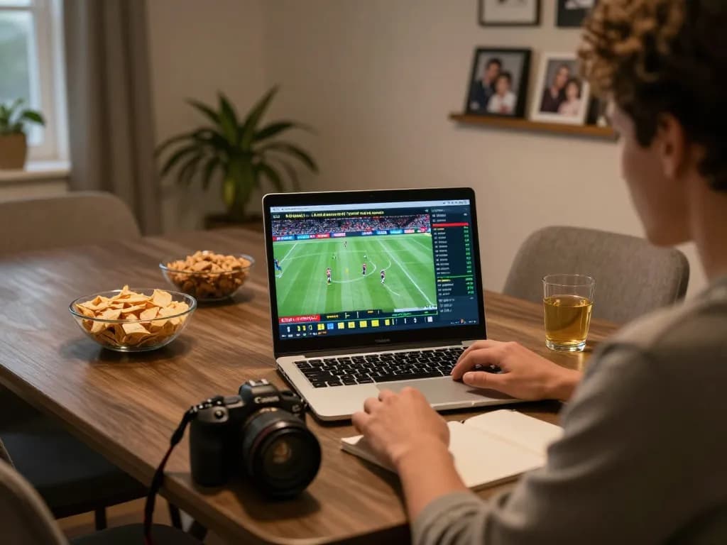Engaging in online sports betting at https://88vv1.co.com/ with laptop and snacks in a cozy home.