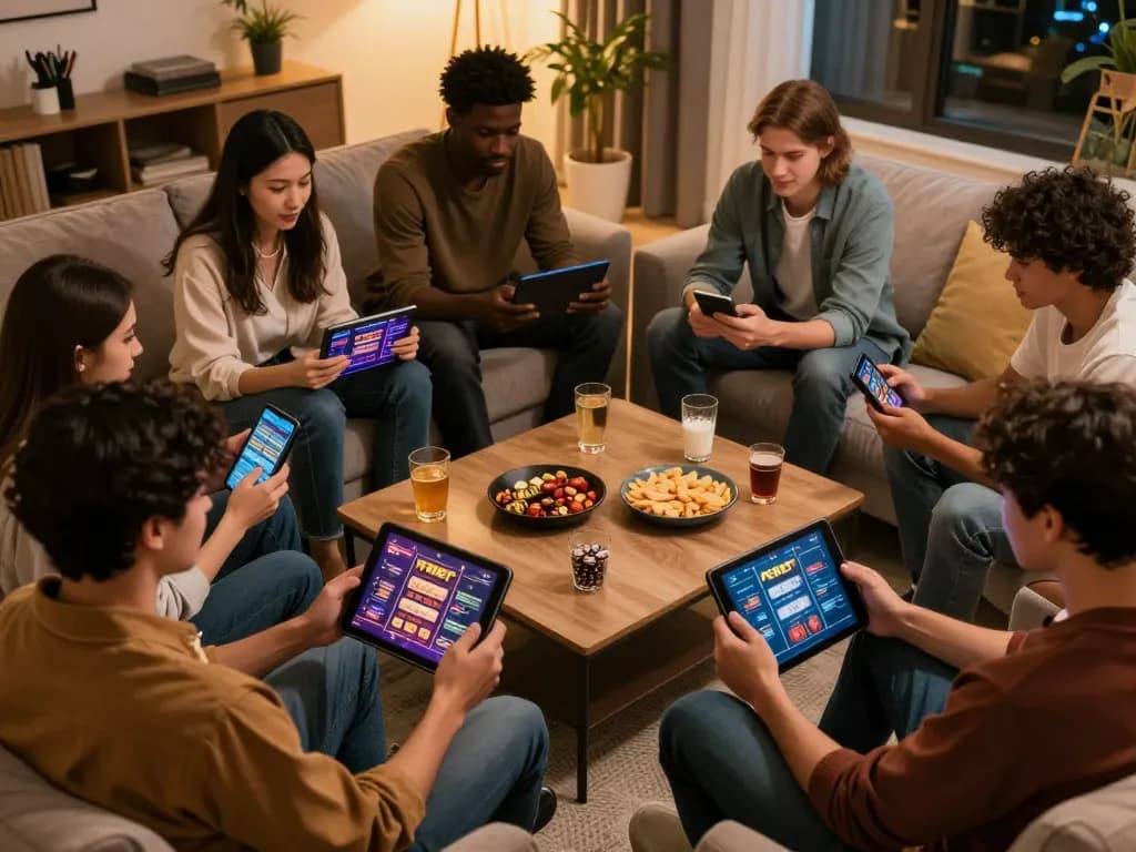 Friends enjoying online gaming at home with F8bet on tablets, creating a lively atmosphere