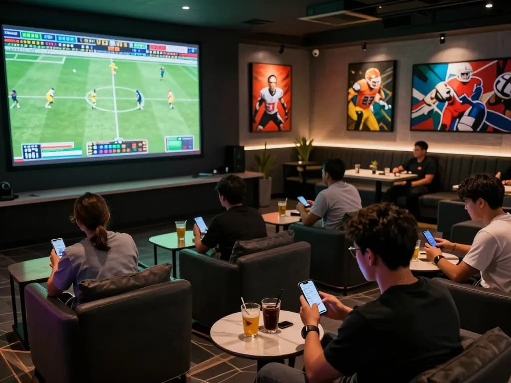 Kèo nhà cái displayed on mobile screens while patrons engage in live sports betting