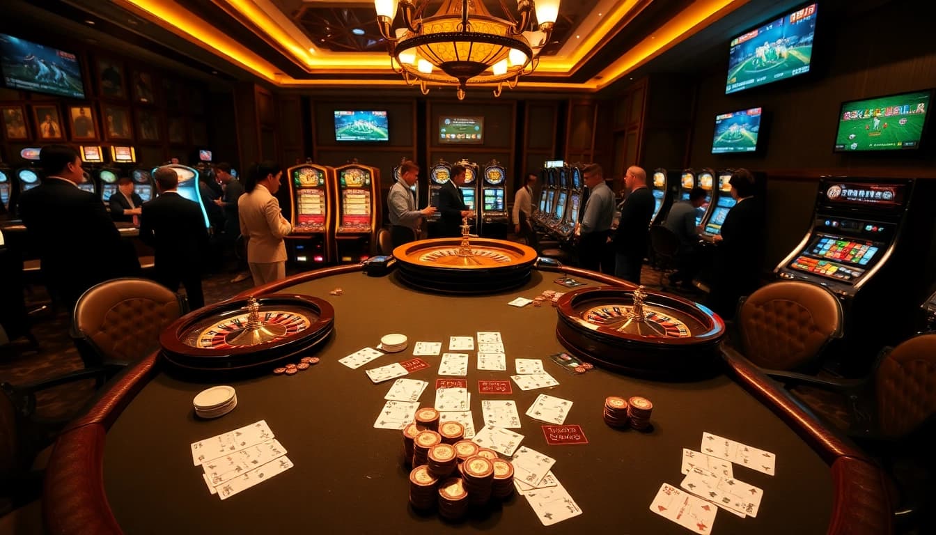 Kèo nhà cái showcased at a vibrant casino table with cards, chips, and betting slips.