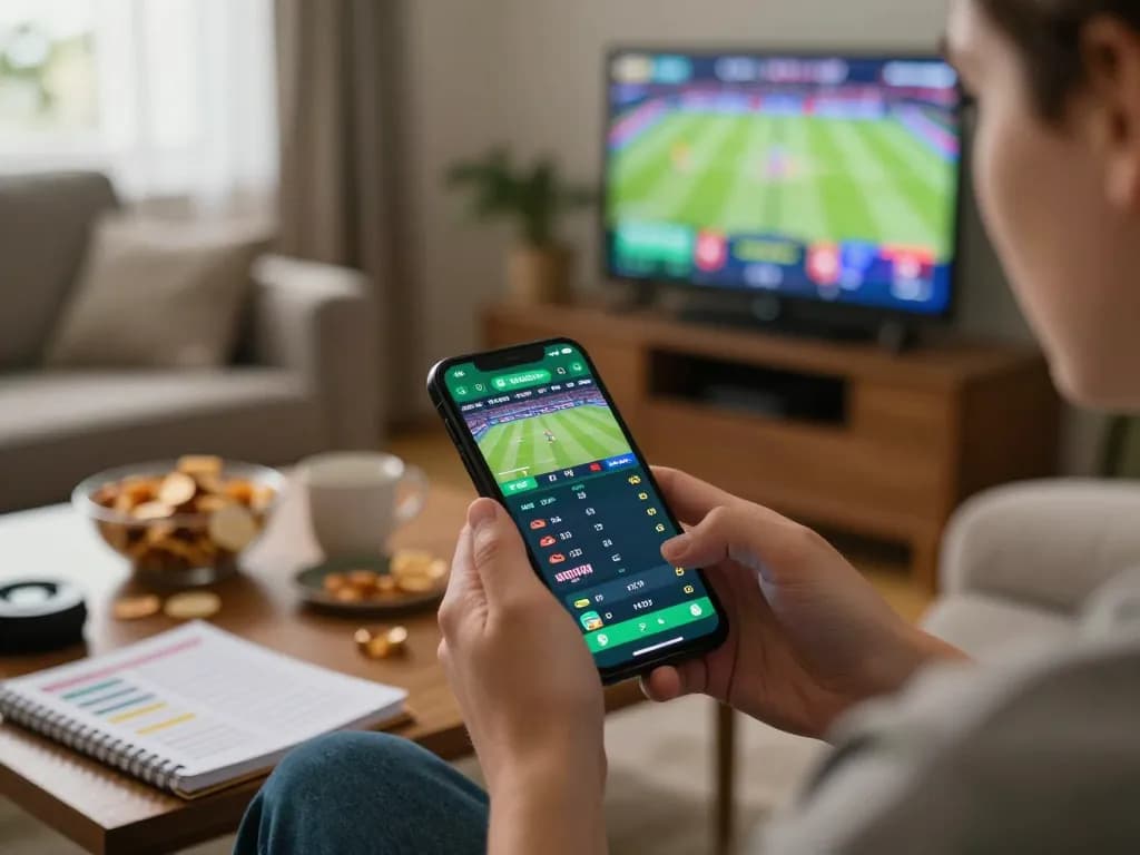Giocatore coinvolto che utilizza uno smartphone per siti scommesse non AAMS in un ambiente domestico accogliente.
