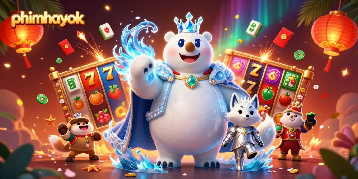 Engage with the exhilarating action of phimhayok where cartoon characters meet vibrant slot games amidst festive decorations.