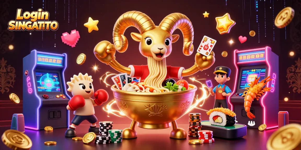 Bermain Login SINGATOTO dengan ilustrasi kasino seru yang penuh warna dan elemen permainan.