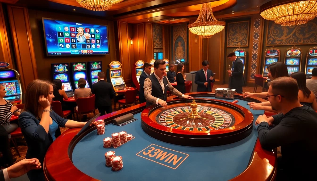 33WIN thrilling casino scene with players at roulette and exciting slot machines.